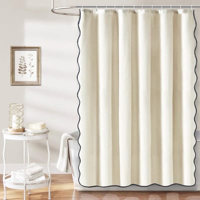 Douchegordijn met geschulpte rand, waterdicht polyester, boerderij, boho, neutraal, dik badkamergordijn met 12 haken, 180 x 180 cm