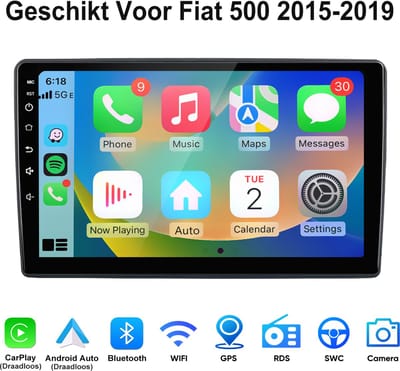 Junsun Android 15 Autoradio Geschikt Voor Fiat 500 2015-2019 Accessoires - 4GB+64GB - Draadloze CarPlay & Andriod Auto - GPS-navigatiesysteem - Bluetooth - Stuurwielbediening - WiFi - 9-inch Touchscreen - RDS - USB