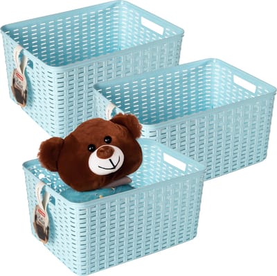 Plasticforte Opbergmand - 3x - Kastmand - rotan kunststof - ijsblauw - 18 Liter - 29 x 39 x 20 cm