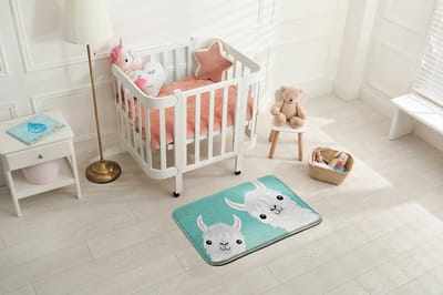 Coloray Vloerkleed voor Kinderkamer - Wit Tapijt Voor Hal - Twee Schattige Lama's Vloerkleed Voor Kinderen - Munt Accenten Klein Tapijt - Polyester Vloerkleed - 90x60 cm