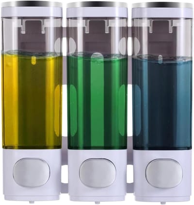 Wandmontage Zeepdispenser 300mL - 3 Compartimenten voor Badkamer, Shampoo, Douchegel en Conditioner, Wit en Zilver