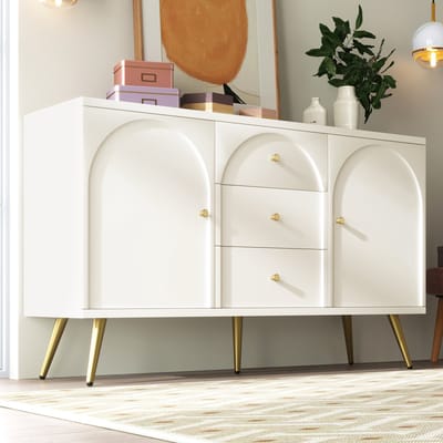 Wishdor Dressoir Met 2 Deuren En 3 Laden - Verstelbare Legplank - Hout En Metaal - Crèmewit - H84 X B140 X D40 Cm