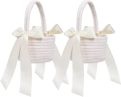 Bloemenmeisjesmanden Bruiloft - Mandjes Set - Bloemen Strooien - Met Strik Detail - 14x22 cm - Wit