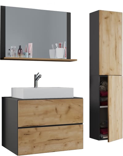 VCM 4-tlg. Waschplatz Waschtisch | Waschbecken Unterschrank Breite 80 cm | Badmöbel Set mit Schubladen Drehtüren Spiegel | Lendas L