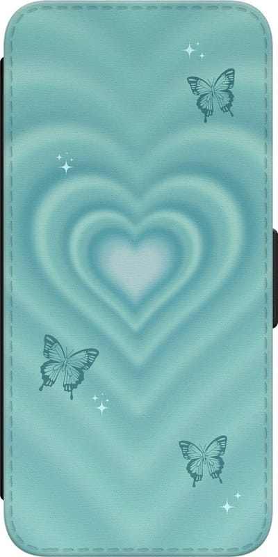 Leuke Telefoonhoesjes - Hoesje geschikt voor Samsung Galaxy S23 bookcase leer - Retro hart vlinder - Retro hart vlinder - Wallet Case met pasjeshouder - Print / Illustratie - Blauw