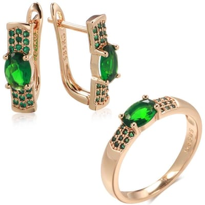 Nouveaux Ensembles Bague Boucles d'Oreilles Vintage Pour Femmes Or Rose Avec Émeraude Coupe Ronde Zircon Naturel Clip Boucle d'Oreille Bijoux de Mode 7 beige