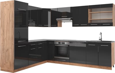 Vicco Hoekkeuken Fame-Line, Antraciet Hoogglans/Goudkleurig Eiken, 287 x 227 cm, WB Antraciet