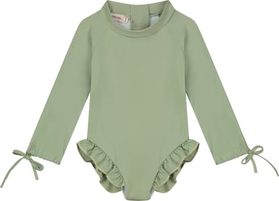 Supercute badpak UV-Zwempak - UPF50+ lichtgroen met lange mouwen, ruffels en drukknoop sluiting maat 92