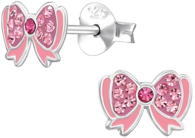 Joy|S - Zilveren strikje oorbellen - 8 x 5 mm - roze met roze kristal - kinderoorbellen - sterling zilver 925
