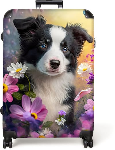 NoBoringSuitcases.com® - Koffer groot - Reiskoffer lichtgewicht - Hond - Bloemen - Natuur - Puppy - Bordercollie - Rolkoffer met 4 wielen - Grote trolley XL - 98 liter bagage