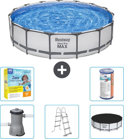 Bestway Rond Steel Pro MAX Zwembad - 457 x 107 cm - Grijs - Inclusief Pomp - Ladder - Afdekzeil Onderhoudspakket - Filter
