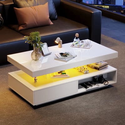 Sweiko Witte hoogglans salontafel 95x50x42.5 cm, 4 glazen werkbladen, 2 lades en 2 open vakken, Woonkamer tafel, sofa tafel, basiskast voor woonkamer