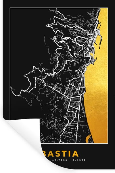 Muurstickers - Sticker Folie - Bastia - Plattegrond - Frankrijk - Kaart - Stadskaart - 20x30 cm - Plakfolie - Muurstickers Kinderkamer - Zelfklevend Behang - Zelfklevend behangpapier - Stickerfolie