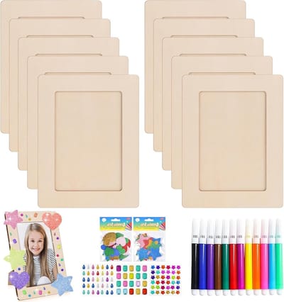 Set van 4 DIY Fotolijsten 14 x 19 cm met Glitterstenen en Schuimstickers - Houten Fotolijsten voor Creatieve Knutselprojecten voor Jongens en Meisjes