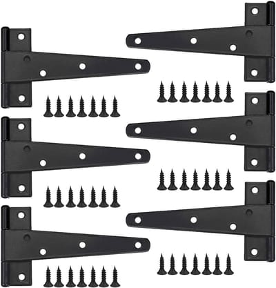Oneay 10-delige deurscharnierenset, 15 cm lange deurscharnieren, zwarte T-vormige scharnieren, ijzeren deurscharnieren, geschikt voor deuren, ramen en schuren.