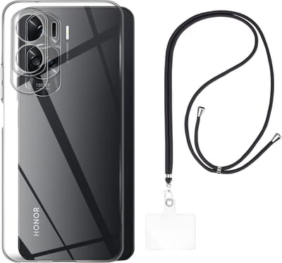 Set met hoesje en nekband voor honor 90 lite - Flexibele, transparante TPU-bescherming, verstelbare universele nekband voor mobiele telefoons, zwarte nekband, transparante draagriem van Phonillico®