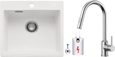 CECIPA max Spoelbak Keuken 40x45CM - Granieten spoelbakken Wit - Spoelbakken Keuken Met Lagedruk Keukenkraan - Enkele spoelbakken Incl. Sifon en Afvoerzeefje