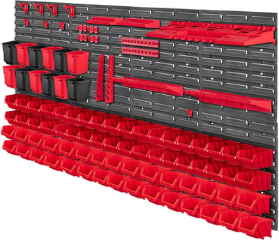 KADAX Gereedschapswandplank, 156 x 78 cm, rood, werkplaatsopbergsysteem met kijkdozen, uitbreidbare wandpanelen (103 stuks)