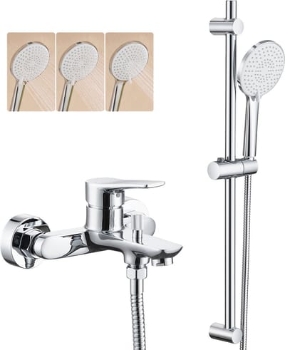 Auralum Max opbouw badkraan met handdouche & Glijstang complete set - RVS Mengkraan - met 3 Functies Handdouche - 150 mm Hartafstand - Waterbesparend - Chroom