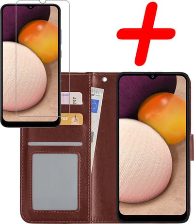 Hoesje Met Screenprotector - Geschikt voor Samsung Galaxy A02s - Luxe Pasjeshouder - Bookcase Portemonee - Flip Case - Kunstleer Book Case - Flipcase - Book Cover - Walletcase - Portemonneehoes - Bruin