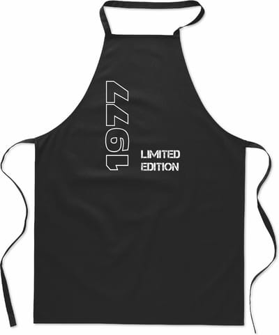 Limited Edition 1977 - keukenschort - kookschort - BBQ schort - 100% katoen - leeftijd - geboortejaar - verjaardag en feest - cadeau - kado - unisex - zwart