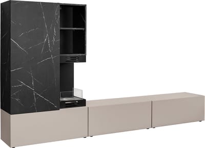 ZHPK Meubelwand met Bio-ethanol Haard en Opbergruimte – TV-meubel, Zwart Marmerlook & Kasjmier Beige, Moderne Woonkamerkast