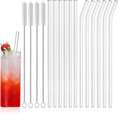 Dailygoods- Glazen Rietjes 16-Pack - Herbruikbaar - Milieuvriendelijk - Inclusief 4 Reinigingsborstels - Geschikt voor Smoothies/Milkshakes - 21.5 cm Lengte
