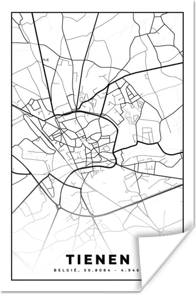 Poster België – Tienen – Stadskaart – Kaart – Zwart Wit – Plattegrond - 120x180 cm XXL
