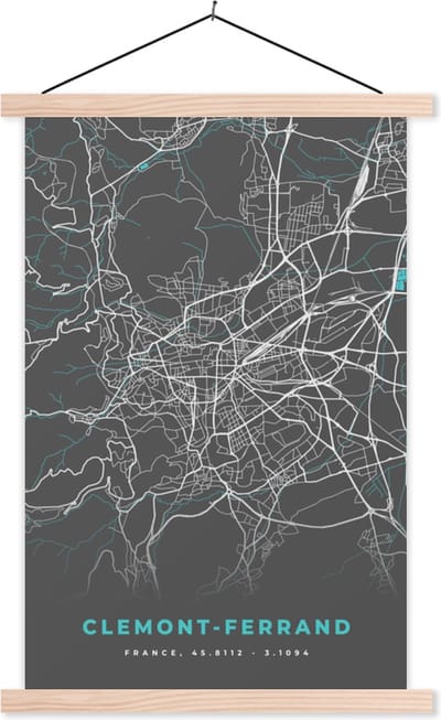 Posterhanger incl. Poster 40x60 cm - Schoolplaat - Clemont-Ferrand - Frankrijk - Kaart - Plattegrond - Stadskaart - Textielposter - Blanke latten - Stadskaart