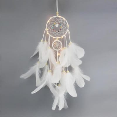 DW4Trading Dromenvanger met Kralen en Veren en Led Verlichting - Dreamcatcher - 50x11 cm - Wit