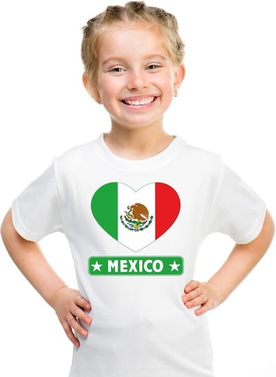 Mexico Supporters t-shirt - kinderen - hartjes vlag - wit - korte mouwen - sport - kleding 110/116