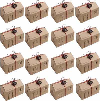16 Kleine Geschenkdozen in Huisvorm met Anhängers - Kraftpapier - Voor Festdekoration en Verpakking van Bonbons - Geschenkboxen voor Hochzeitsgeschenk