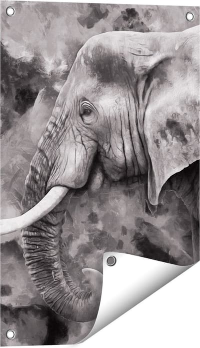Gards Tuinposter Olifant - Abstract - Zwart Wit - 40x60 cm - Tuindoek - Tuindecoratie - Wanddecoratie buiten - Tuinschilderij