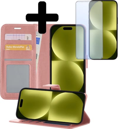 Hoesje - Met Screenprotector - Geschikt voor Apple iPhone 15 - Luxe Pasjeshouder - Bookcase Portemonee - Flip Case - Kunstleer Book Case - Flipcase - Book Cover - Walletcase - Portemonneehoes - Telefoonhoesjes - Rosé goud