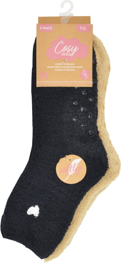 Fluffy huissokken dames - anti-slip sokken - zwart & beige - heart embroidary - super zacht - maat 36/41