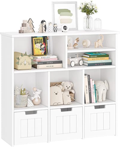 Kinderopbergrek met 3 Mobiele Lades & 6 Vakken - Speelgoedkast op Wieltjes - Inclusief Kantelbeveiliging - Kinderboekenrek - Wit - 100 x 33 x 89 cm