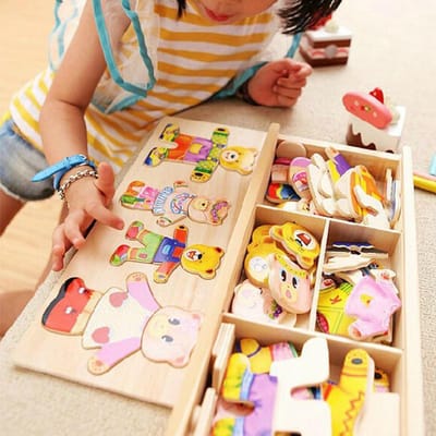 Houten Legpuzzel Berenfamilie Puzzeldoos Beer Kleding Verwisselen Montessori Kinderen Vroegonderwijs Houten Aankleedspel Baby Speelgoed Cadeau beige