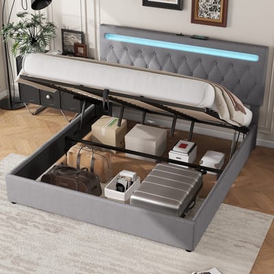 MODENUIT Gestoffeerd bed 180x200 cm – Hydraulisch hefmechanisme met opbergruimte – Usb-aansluiting – Zonder matras – Grijs