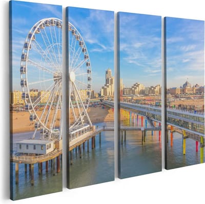 Artaza Canvas Schilderij Vierluik Scheveningen Pier met de Ferris Wheel - Reuzenrad - 80x60 cm - Wanddecoratie Woonkamer - Schilderijen - Muurdecoratie