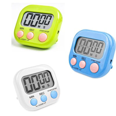 QTTVBTNA - Kookwekker Digitaal - Timer - Magnetische Timer met Standaard & Ophanghaak - Voor Koken, Sport, Werk & Studie - Wit/Blauw/Groen - 6.5x6x2cm - 3 Stuks