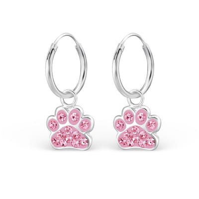 zilver kinder oorbellen meisje met hondenpoot 24 roze kristal steentjes hanger | Dierenpoot poot Oorringen Meisje Zilver | Zilverana | 925 Silver (Echt zilver)