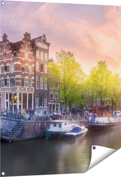 Gards Tuinposter Amsterdamse Grachten - 80x100 cm - Tuindoek - Tuindecoratie - Wanddecoratie buiten - Tuinschilderij