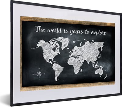 Poster in lijst - Fotolijst 60x40 cm - Posters - Wereldkaart - Wit - Krijtbord - Posterlijst zwart - Decoratie - Wanddecoratie woonkamer - Muurdecoratie slaapkamer