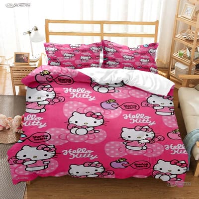 Hellokitty Cartoon Anime Vier Seizoenen Dekbedovertrek Dekbed Beddengoed Sets Zachte Dekbedhoes En Kussenslopen Enkel/Dubbel/Queen/King AU Single(140*210cm)3pcs