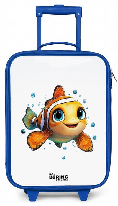 NoBoringSuitcases.com® - Kinderkoffer blauw - Kindertrolley jongen - Clownvis met bellen op witte achtergrond - Koffer kind lichtgewicht - Reiskoffer trolley voor kinderen - Koffertje met lichtgevende wieltjes - Rolkoffer