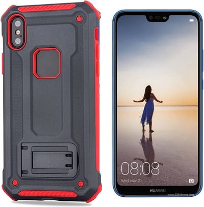 Ntech Hoesje Geschikt voor Huawei P20 Lite Armor hoesje met Kickstand Grijs & Rood