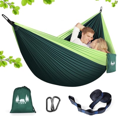 Outdoor hangmat, 300 x 200 cm, reishangmat voor 2 personen, camping hangmat parachutezijde belastbaar 300 kg met 2 nylon riemen + 2 massieve wandelgespen van staal (groen)
