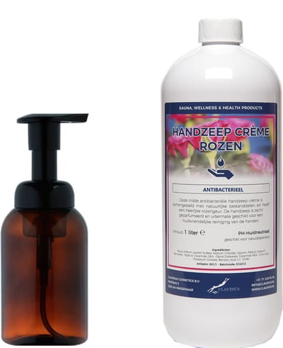 Zeepdispenser 300 ml amber bruin hervulbaar + 1 liter Handzeep Crème Rozen navulling