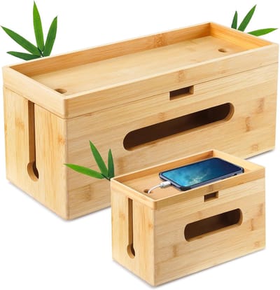 Famanu - Kabelbox hout, set van 2, groot en klein, van duurzaam bamboe, kabelmanagementbox om kabels te verbergen, stekkerbox, kabelverzamelaar, kabelorganizer, box