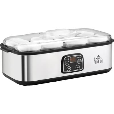 HOMCOM yoghurtmachine met 8 glazen potten, roestvrijstalen elektrische yoghurtmachine met timer, regelbare thermostaat en digitaal display voor Healthy House-desserts